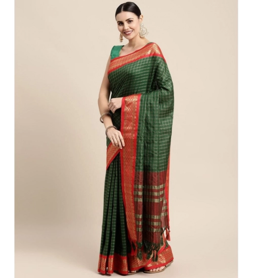 Generic Women's Cotton Silk Checkered Saree With Unstitched Blouse 5.5Mtr (B Green)