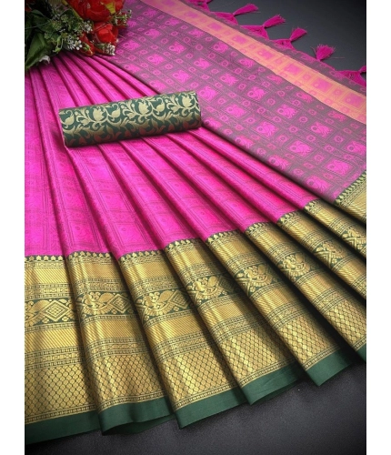 Generic Women's Cotton Silk Printed Saree With Unstitched Blouse 5.5Mtr (Pink)