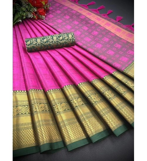 Generic Women's Cotton Silk Printed Saree With Unstitched Blouse 5.5Mtr (Pink)