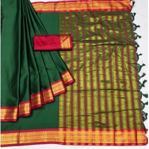 Generic Women's Cotton Silk Solid Saree With Unstitched Blouse 5.5Mtr (Dark Green)