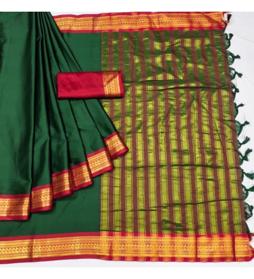 Generic Women's Cotton Silk Solid Saree With Unstitched Blouse 5.5Mtr (Dark Green)