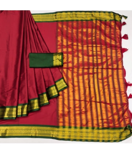 Generic Women's Cotton Silk Solid Saree With Unstitched Blouse 5.5Mtr (Red)