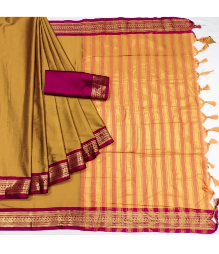 Generic Women's Cotton Silk Solid Saree With Unstitched Blouse 5.5Mtr (Yellow)