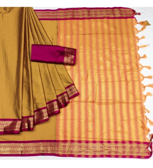 Generic Women's Cotton Silk Solid Saree With Unstitched Blouse 5.5Mtr (Yellow)
