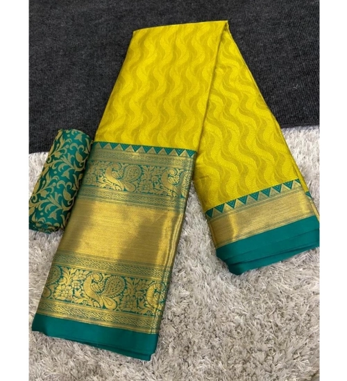 Generic Women's Cotton Silk Printed Saree With Unstitched Blouse 5.5Mtr (Green-Yellow)