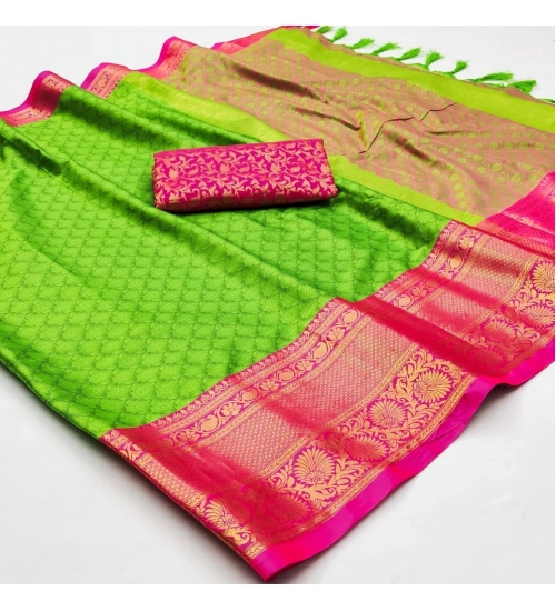 Generic Women's Cotton Silk Floral Print Saree With Unstitched Blouse 5.5Mtr (Green)