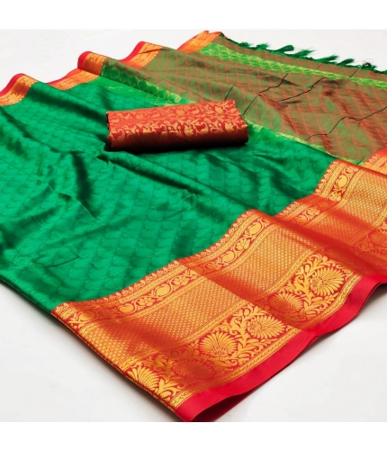 Generic Women's Cotton Silk Floral Print Saree With Unstitched Blouse 5.5Mtr (Green)