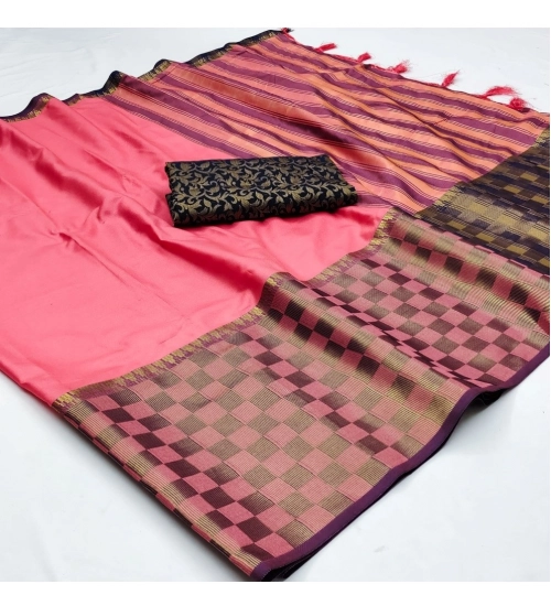 Generic Women's Cotton Silk Checkered Saree With Unstitched Blouse 5.5Mtr (Pink)
