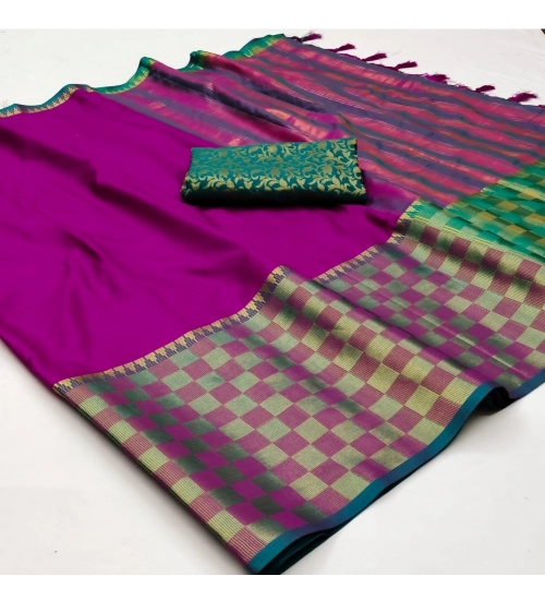 Generic Women's Cotton Silk Checkered Saree With Unstitched Blouse 5.5Mtr (Purple)