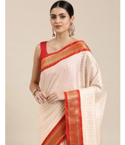 Generic Women's Cotton Silk Checkered Saree With Unstitched Blouse 5.5Mtr (Red)