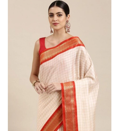 Generic Women's Cotton Silk Checkered Saree With Unstitched Blouse 5.5Mtr (Red)