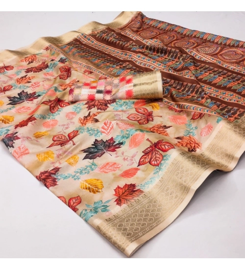 Generic Women's Cotton Silk Printed Saree With Unstitched Blouse 5.5Mtr (Multicolor)