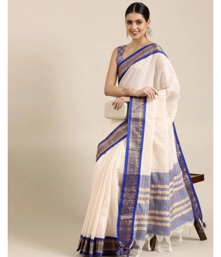 Generic Women's Cotton Silk Checkered Saree With Unstitched Blouse 5.5Mtr (R Blue)