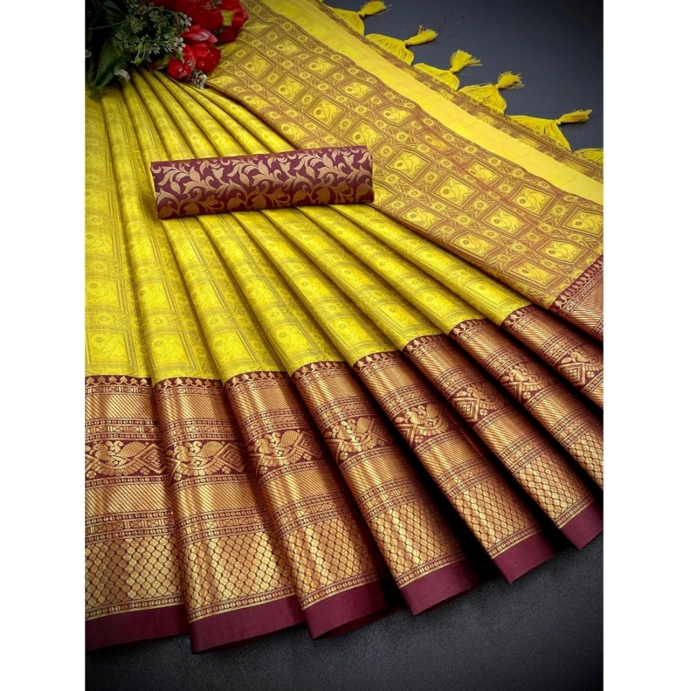 Generic Women's Cotton Silk Printed Saree With Unstitched Blouse 5.5Mtr (Yellow) Generic Women's Cotton Silk Printed Saree With Unstitched Blouse 5.5Mtr (Yellow)
