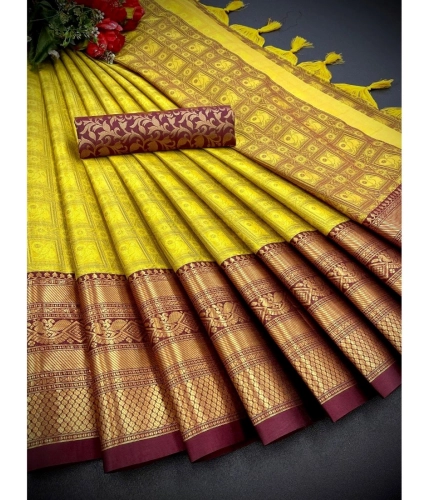Generic Women's Cotton Silk Printed Saree With Unstitched Blouse 5.5Mtr (Yellow)