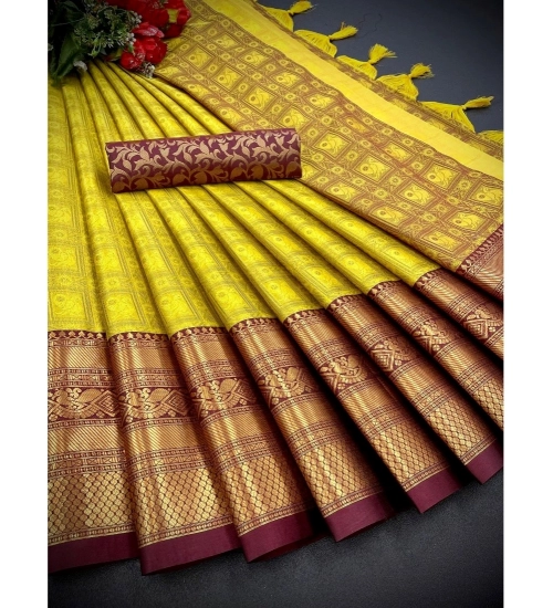 Generic Women's Cotton Silk Printed Saree With Unstitched Blouse 5.5Mtr (Yellow)