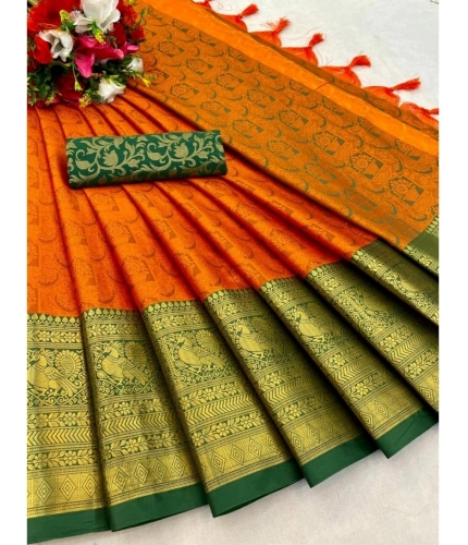 Generic Women's Cotton Silk Printed Saree With Unstitched Blouse 5.5Mtr (Orange)