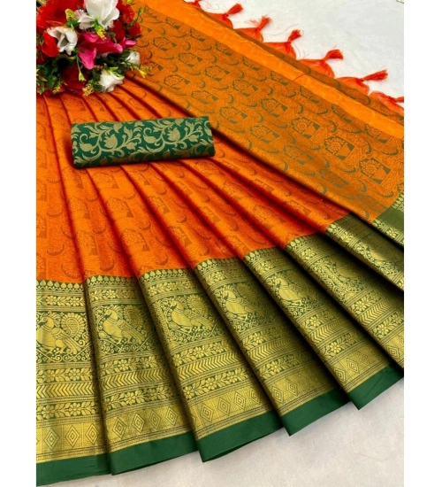 Generic Women's Cotton Silk Printed Saree With Unstitched Blouse 5.5Mtr (Orange)