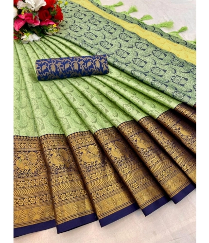 Generic Women's Cotton Silk Printed Saree With Unstitched Blouse 5.5Mtr (Pista)
