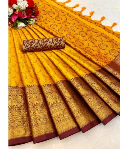 Generic Women's Cotton Silk Printed Saree With Unstitched Blouse 5.5Mtr (Mustard)