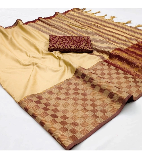 Generic Women's Cotton Silk Checkered Saree With Unstitched Blouse 5.5Mtr (Gold)