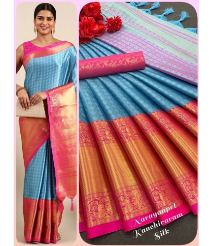 Generic Women's Cotton Silk Woven Design Saree With Unstitched Blouse 5.5Mtr (Light Blue)