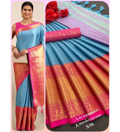 Generic Women's Cotton Silk Woven Design Saree With Unstitched Blouse 5.5Mtr (Light Blue)