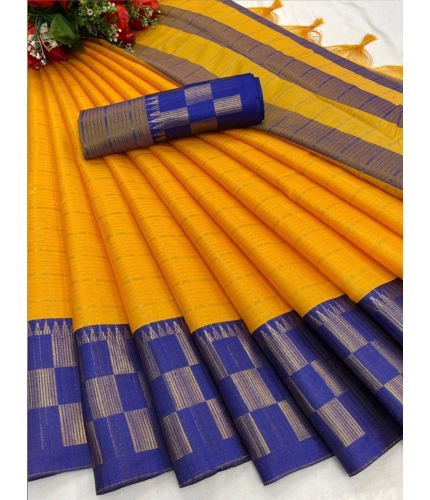 Generic Women's Cotton Silk Printed Saree With Unstitched Blouse 5.5Mtr (Gold-Blue)