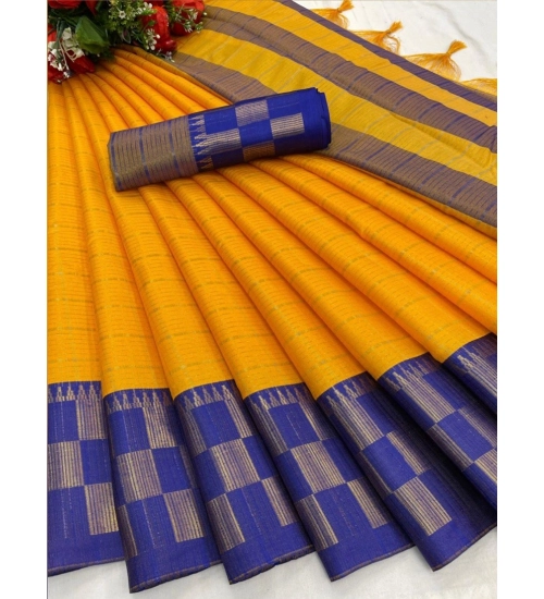 Generic Women's Cotton Silk Printed Saree With Unstitched Blouse 5.5Mtr (Gold-Blue)