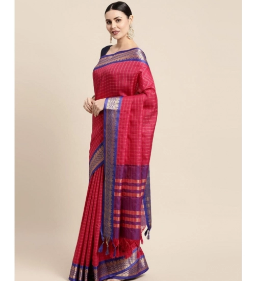 Generic Women's Cotton Silk Checkered Saree With Unstitched Blouse 5.5Mtr (Red)