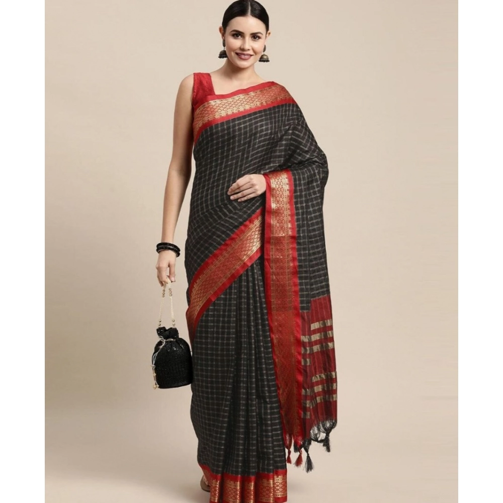Generic Women's Cotton Silk Checkered Saree With Unstitched Blouse 5.5Mtr (Black) Generic Women's Cotton Silk Checkered Saree With Unstitched Blouse 5.5Mtr (Black)