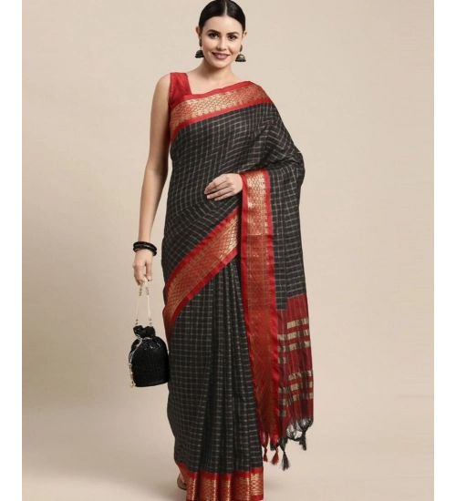 Generic Women's Cotton Silk Checkered Saree With Unstitched Blouse 5.5Mtr (Black)