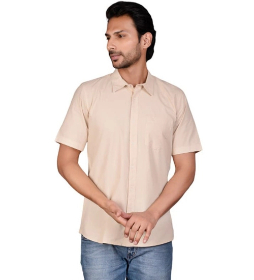 Generic Men's Casual Cotton Half Sleeve Solid Shirt (Beige)