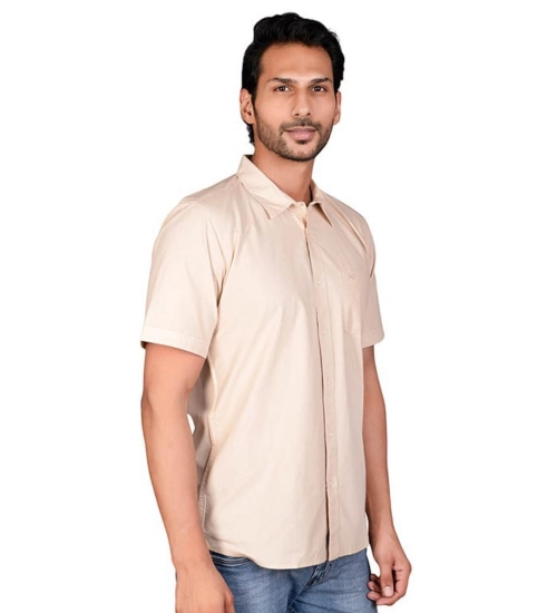 Generic Men's Casual Cotton Half Sleeve Solid Shirt (Beige)