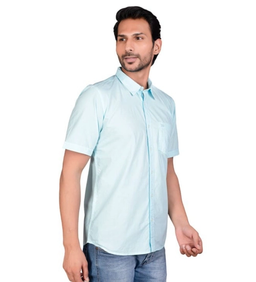 Generic Men's Casual Cotton Half Sleeve Solid Shirt (Turquoise)