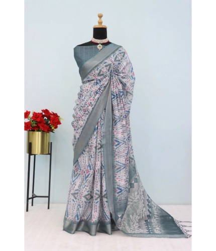 Generic Women's Linen Digital Print Saree With Unstitched Blouse 5.5Mtr (Grey)