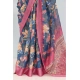 Generic Women's Linen Digital Print Saree With Unstitched Blouse 5.5Mtr (Blue)