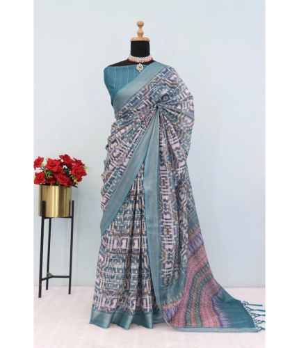 Generic Women's Linen Digital Print Saree With Unstitched Blouse 5.5Mtr (Green)