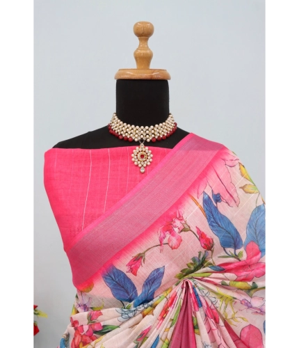 Generic Women's Linen Digital Print Saree With Unstitched Blouse 5.5Mtr (pink) Generic Women's Linen Digital Print Saree With Unstitched Blouse 5.5Mtr (pink)
