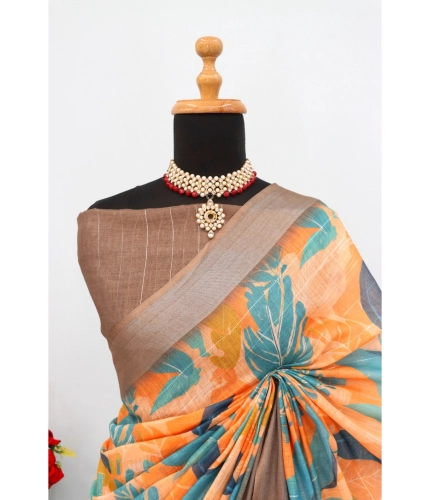 Generic Women's Linen Digital Print Saree With Unstitched Blouse 5.5Mtr (Green)