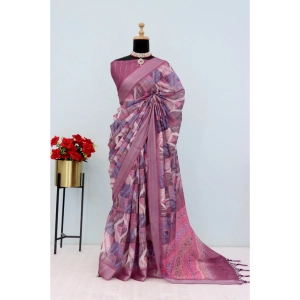 Generic Women's Linen Digital Print Saree With Unstitched Blouse 5.5Mtr (Pink)