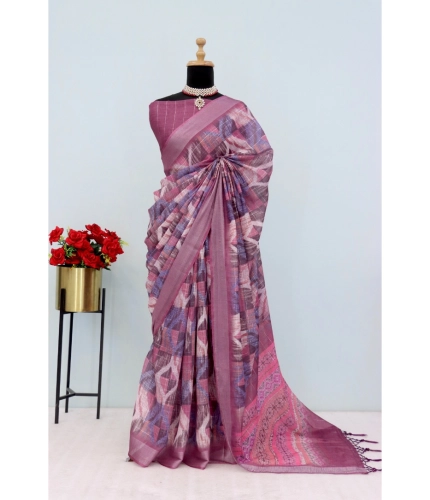 Generic Women's Linen Digital Print Saree With Unstitched Blouse 5.5Mtr (Pink)