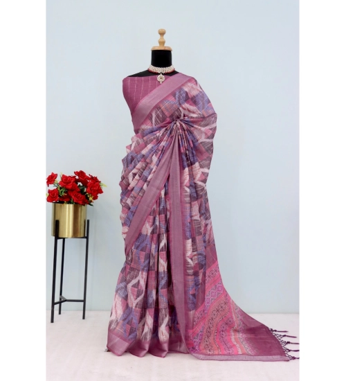Generic Women's Linen Digital Print Saree With Unstitched Blouse 5.5Mtr (Pink)