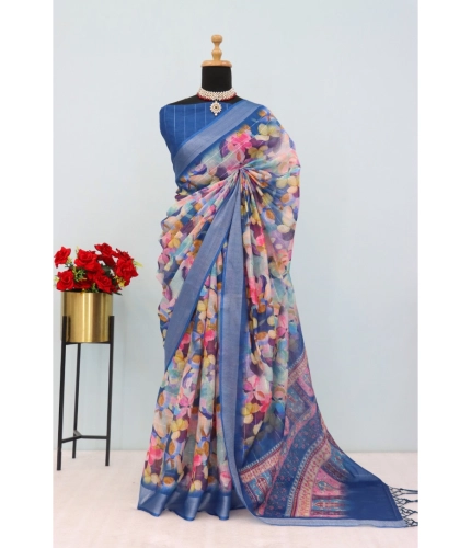 Generic Women's Linen Digital Print Saree With Unstitched Blouse 5.5Mtr (Blue)