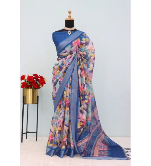 Generic Women's Linen Digital Print Saree With Unstitched Blouse 5.5Mtr (Blue)
