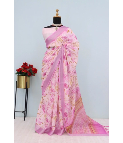 Generic Women's Linen Digital Print Saree With Unstitched Blouse 5.5Mtr (Pink)