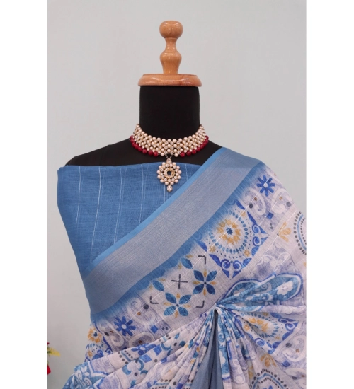 Generic Women's Linen Digital Print Saree With Unstitched Blouse 5.5Mtr (Blue)