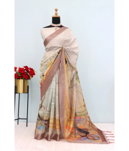 Generic Women's Linen Digital Print Saree With Unstitched Blouse 5.5Mtr (Multicolor)