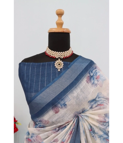 Generic Women's Linen Digital Print Saree With Unstitched Blouse 5.5Mtr (Blue) Generic Women's Linen Digital Print Saree With Unstitched Blouse 5.5Mtr (Blue)