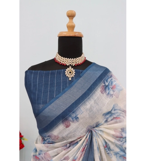 Generic Women's Linen Digital Print Saree With Unstitched Blouse 5.5Mtr (Blue)